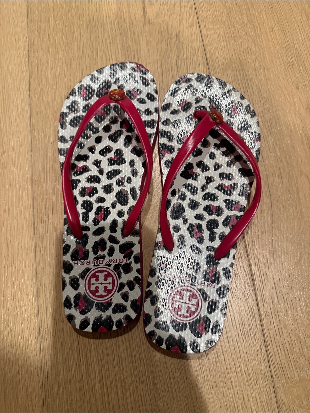 Tory Burch Leopard Print Flip Flops with Pink Straps